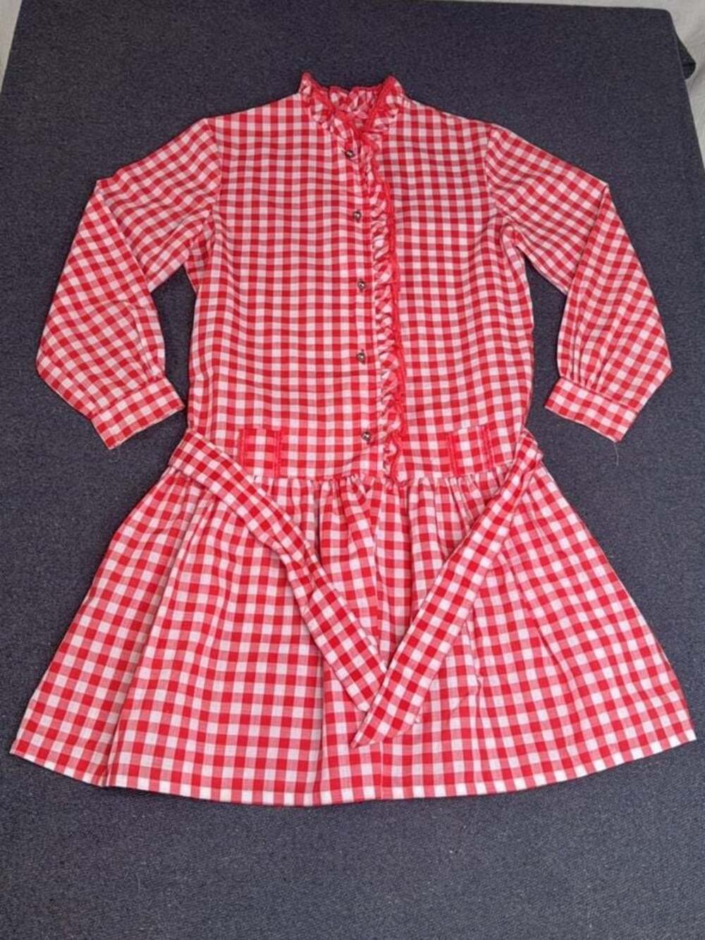Vintage Handmade Red Gingham Ruffle Drop Waist Dress Girls